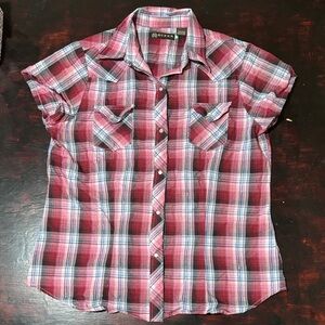 Roper Women's Red and White Plaid Button Down Shirt